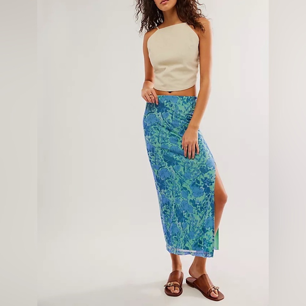 Free People Blue Green Floral Slip Midi Skirt